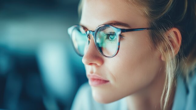 Focused young woman in glasses office setting portrait modern environment close-up concentration and insight