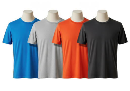 Four t-shirts in vibrant colors presented on mannequins for fashion display transparent background