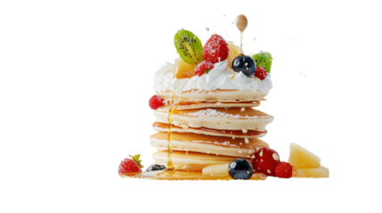 Fluffy Pancakes with Fruit and Syrup on transparent background