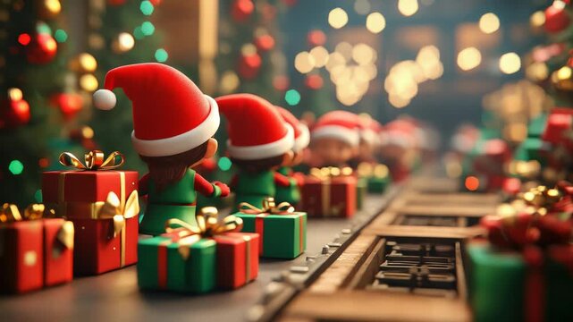 Cute animated elves lovingly assembling holiday gifts on a conveyor belt in Santa's enchanted workshop, surrounded by twinkling lights and whimsical decorations, exuding a cozy and joyful vibe - Powered by Adobe