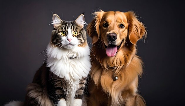 Cat and dog portrait. Furry feline and golden retriever sit against dark gray backdrop, facing forward, friendly look