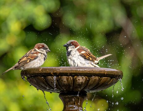 Two sparrows bathing in a stone birdbath, water spraying, with a blurred green leafy background - Powered by Adobe
