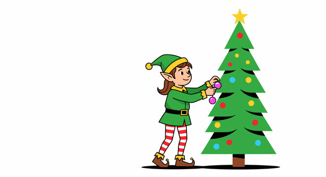 cartoon christmas elf decorating holiday fir tree for children's books, festive seasonal greetings, december event flyers, and santa's workshop themed web banners, with copy space
