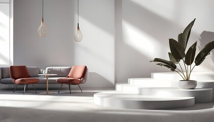 Minimalist modern living room with sunlight and indoor plant decoration