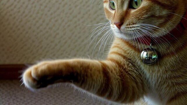 Curious ginger cat reaching out with a paw, wearing a red collar and jingle bell, a playful and endearing moment in 4k video footage
