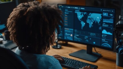 Data analysis action by a person in a tech environment office setting digital interaction for insights