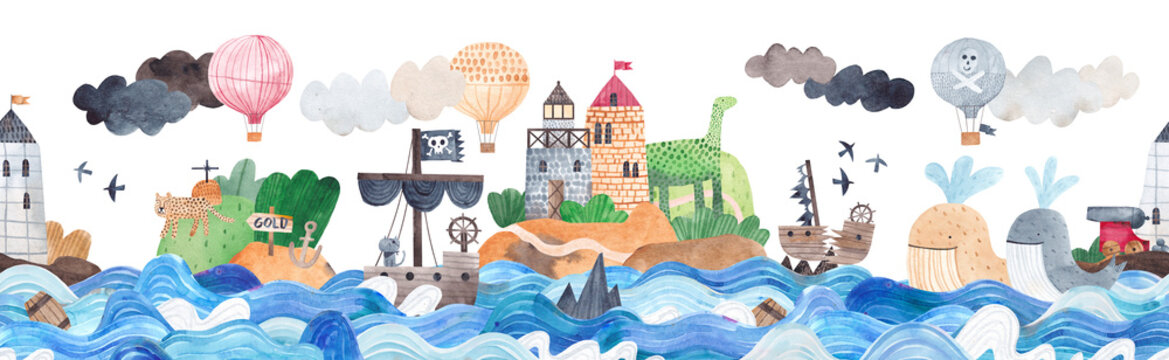 Sea waves. Cute adventure. Decor for children's room. Watercolor illustration. Islands, pirates, fortress, adventures.