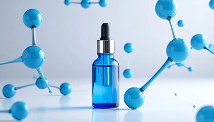 Blue serum bottle with dropper surrounded by blue molecule models on a soft white surface