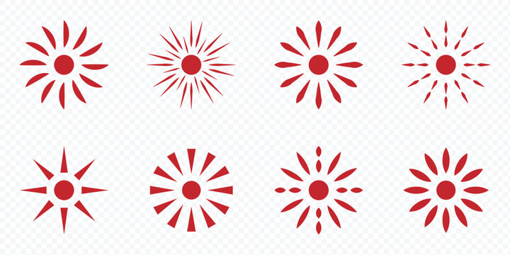Sunburst shapes, bursting sun rays, sunshine. Sunburst effect, symbol of Sun star rays. vintage doodle round fireworks sunburst explosion set. Radial fireworks burst, sunset and sunrise, star beams.