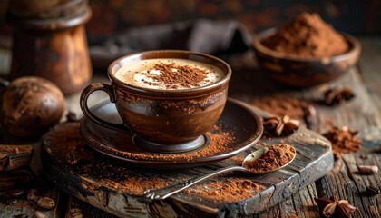 Aromatic coffee cup with cocoa powder, spices, and rustic wooden setting
