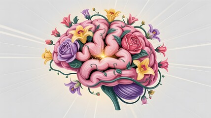 Brain art with flowers and vines symbolizing growth and creativity
