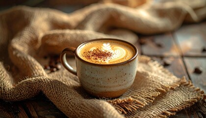 Latte art coffee cup on rustic burlap with warm, natural lighting