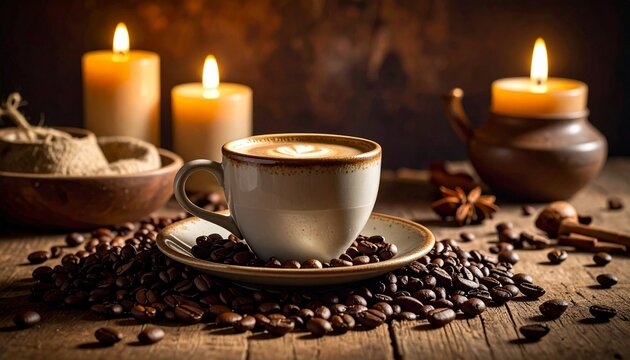 Cozy coffee cup with latte art, candles, and coffee beans on rustic wood - Powered by Adobe