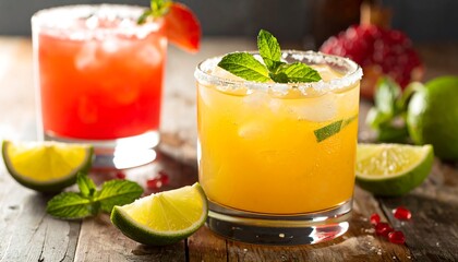 Two refreshing cocktails with sugared rims, garnished with mint and fruit. Beside are sliced limes and pomegranate