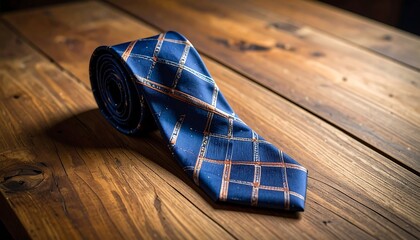 Blue tie with checkered pattern on aged wood table surface in soft lighting, casual yet professional
