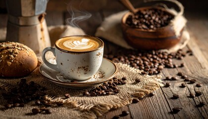 Steaming latte art, coffee beans, and rustic breakfast on wooden table
