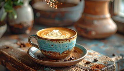 Artistic latte art in a rustic blue mug on a wooden table with coffee beans
