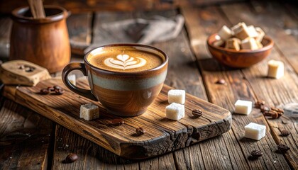 Rustic coffee still life with latte art and sugar cubes on weathered wood