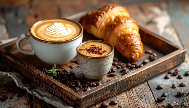 Coffee and croissant still life on rustic wooden tray with coffee beans