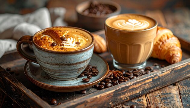 Artistic coffee and croissant arrangement on rustic wooden tray, close-up - Powered by Adobe