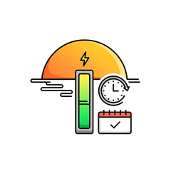 Battery charging with clock symbolizing energy efficiency.