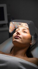 Woman undergoing led light therapy for skin rejuvenation. Advanced cosmetic procedure for face care and anti-aging at esthetic clinic.