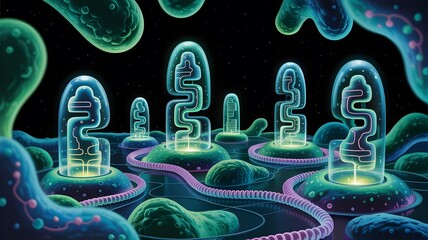 Futuristic bioluminescent microscopic organisms and structures