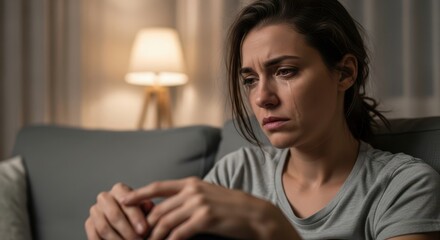 Jeune femme triste assise sur le canapé, les yeux remplis de larmes. Pendant le moment difficile, elle ressent solitude, divorce et perte, ainsi que frustration et stress.