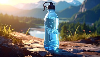 Blue water bottle with splash, against a scenic mountain view backdrop, on a rocky surface, in warm sunlight