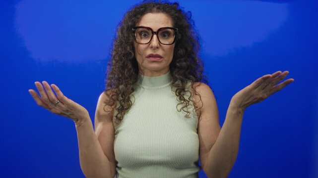 Woman wearing glasses shrugging shoulders and raised hands in a blue studio setting; uncertainty doubt.