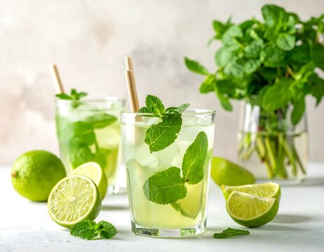 Two refreshing glasses of a vibrant green beverage, garnished with mint and ice. Limes are arranged around. A vase of mint is also on display