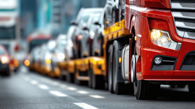 Modern car carrier truck transporting new vehicles on highway for automotive industry logistics operations