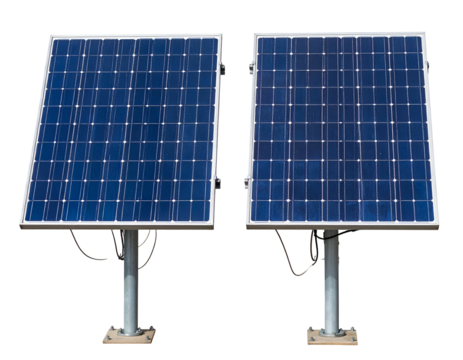 Two solar panels on mounts, isolated