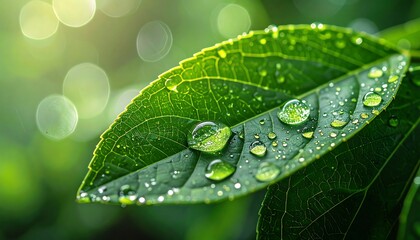Close-up of a lush green leaf covered in sparkling water droplets, bathed in soft, diffused sunlight