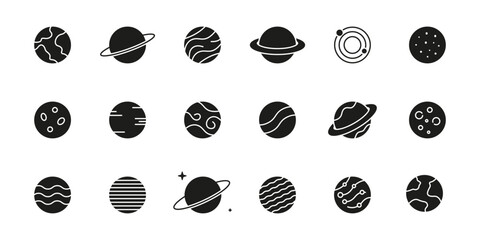 Set of Planet Silhouette Icons. Space Planet, Earth, Moon, Sun and Galaxy. Astronomy Solid Icon Collection. Isolated Vector Illustration
