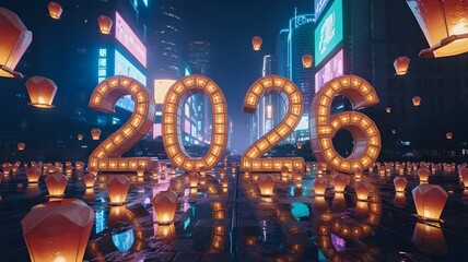 Illuminated 2026 numbers float above a sea of glowing lanterns