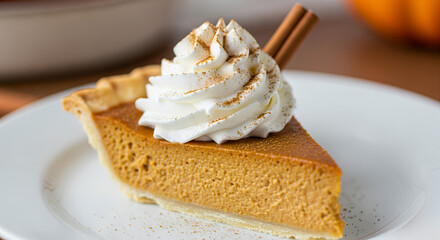 close-up shot of a slice of pumpkin pie topped with whipped cream