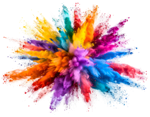 Vibrant explosion of multicolored powder bursts outward