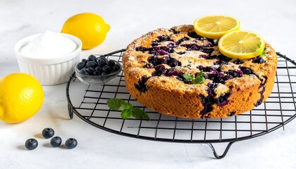Blueberry cake on a wire rack next to lemons, blueberries, and a bowl of whipped cream, on a white surface