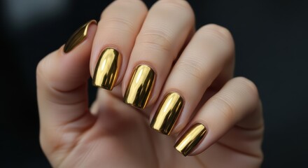 Caucasian female hand with glossy gold metallic nails against black background