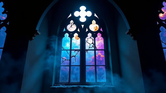Gothic window with stained glass and moonlight