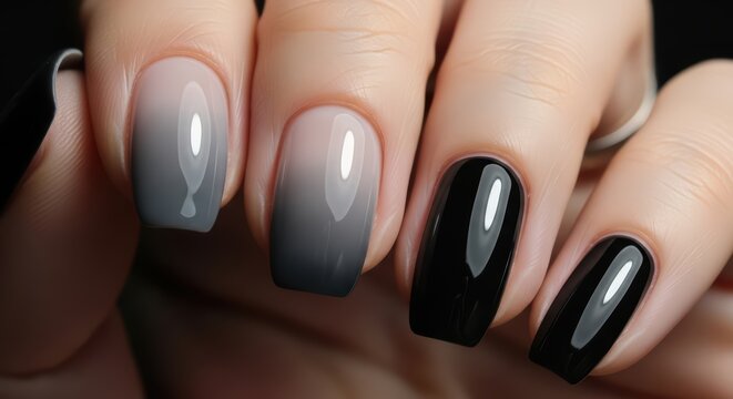 Elegant black and gray gradient manicure on female hands with glossy finish