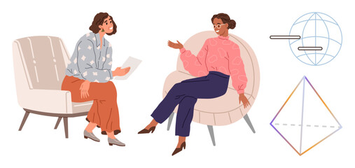 Two women seated in discussion, one holding documents adjacent globe and pyramid shapes. Ideal for communication, teamwork, discussion, strategy, learning, ideas connection. Simple flat metaphor