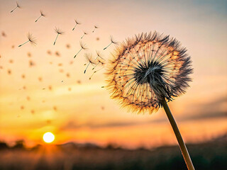 A single dandelion seed head blowing in the wind at sunset &ndash; representing freedom, fragility, and letting go