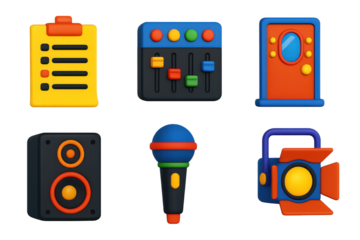 Concert Backstage Icons. 3D icon set of concert backstage: setlists, soundboards, dressing rooms, microphones, speakers, stage