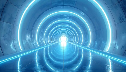Blue-lit futuristic tunnel receding into the distance, creating a luminous path with a glossy tiled floor and walls