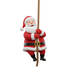 Festive 3D Santa Claus Ascending a Rope with Joyful Expression on Isolated Background