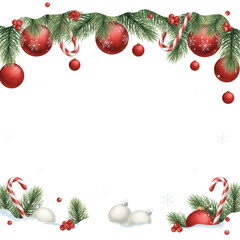 Festive holiday frame design adorned with ornaments, evergreen branches, and playful candy canes
