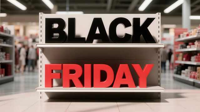 3D "BLACK FRIDAY" text on retail shelves in store interior, sale promotion background
