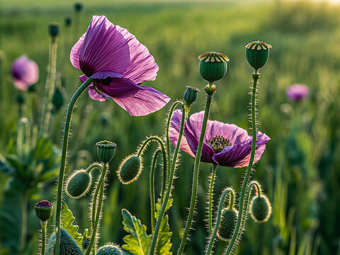 Purple poppies blooming in field with seed pods